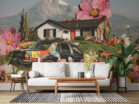 Papier peint panoramique mural représentant une prairie florale alpine surréaliste