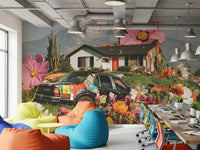 Papier peint panoramique mural représentant une prairie florale alpine surréaliste