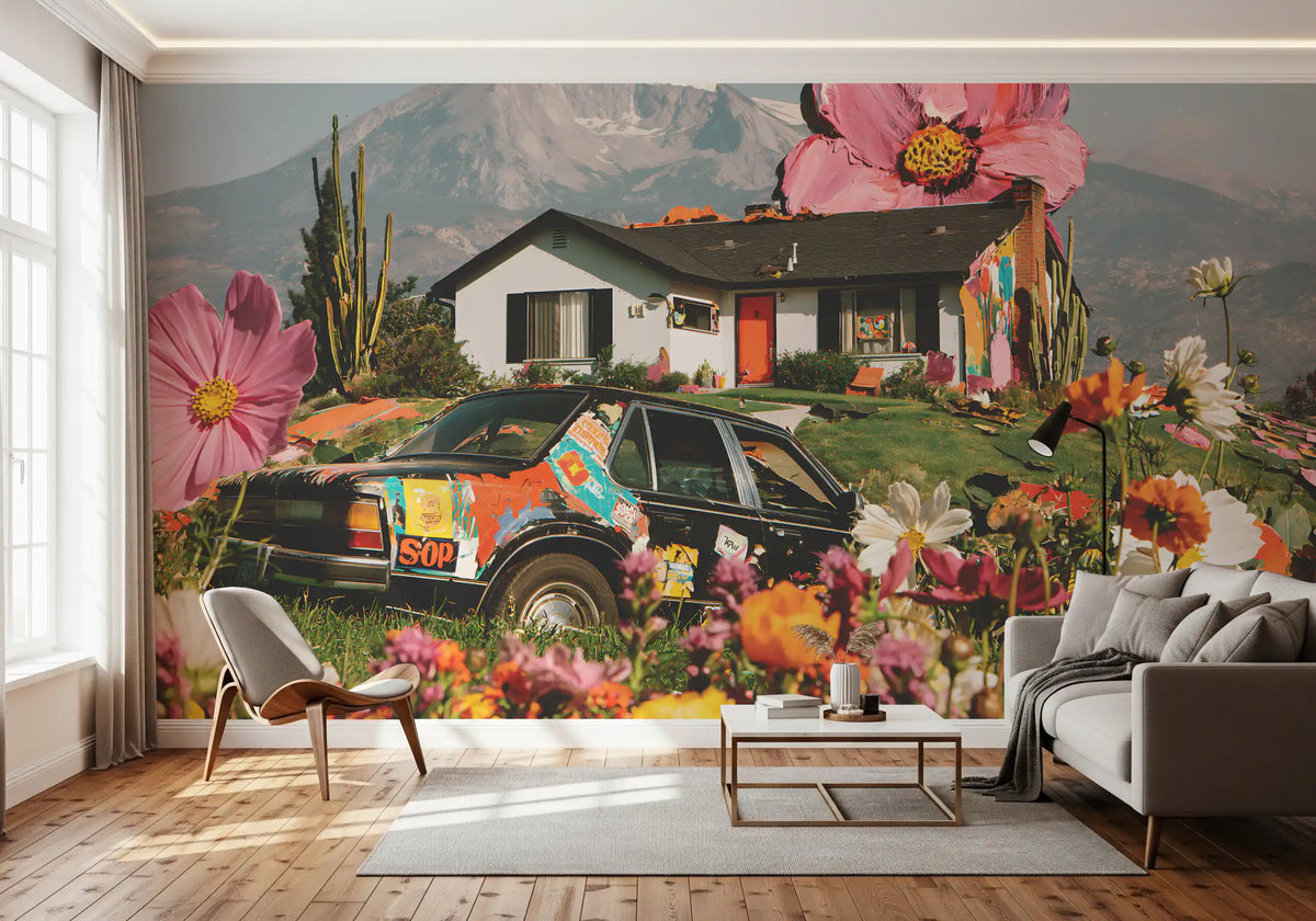 Papier peint panoramique mural représentant une prairie florale alpine surréaliste