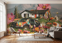 Papier peint panoramique mural représentant une prairie florale alpine surréaliste