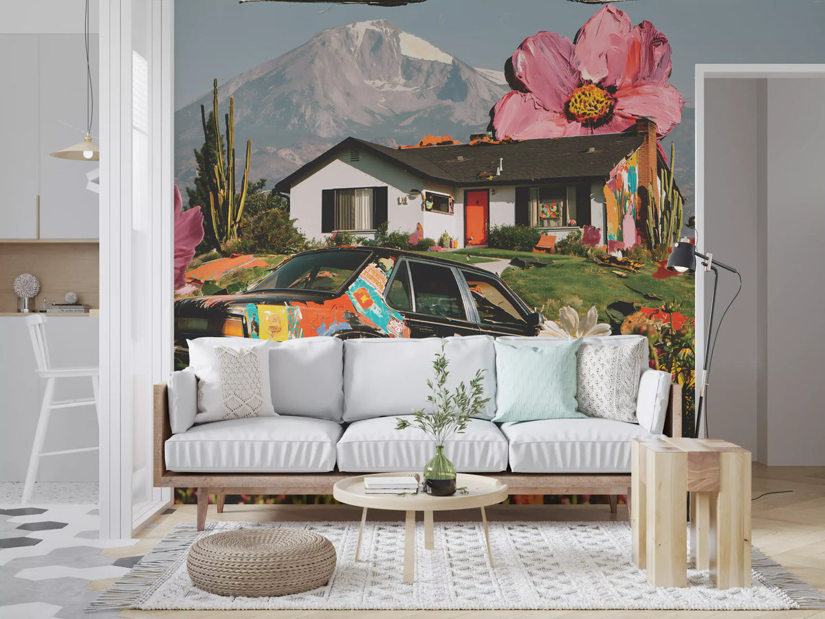 Surreales alpines Blumenwiesen-Wandbild