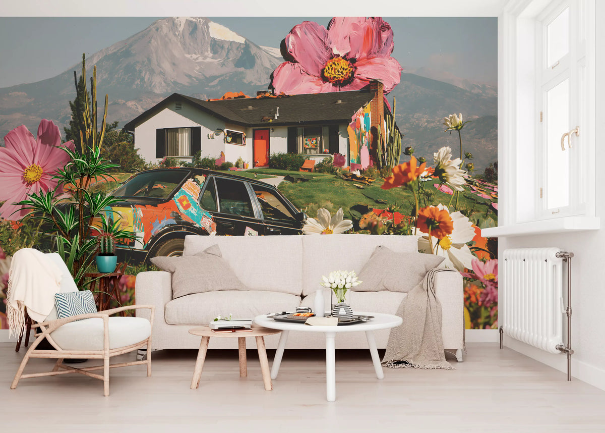 Papier peint panoramique mural représentant une prairie florale alpine surréaliste