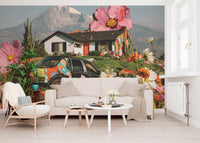 Papier peint panoramique mural représentant une prairie florale alpine surréaliste