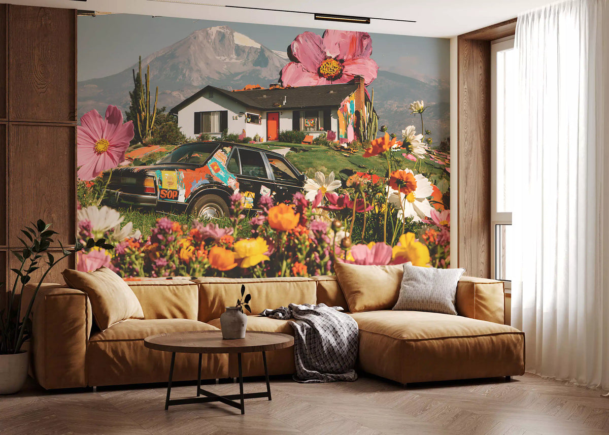 Papier peint panoramique mural représentant une prairie florale alpine surréaliste