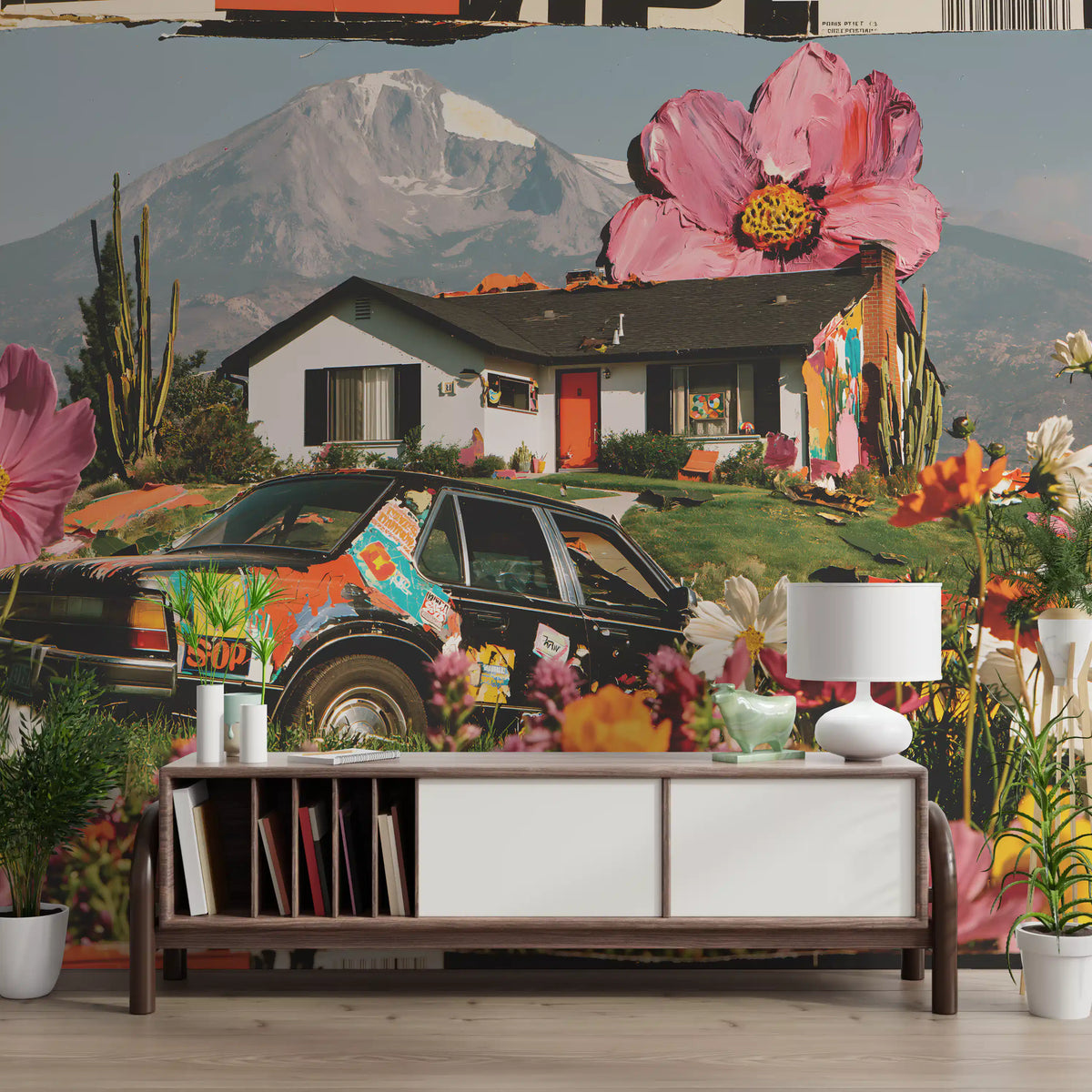 Papier peint panoramique mural représentant une prairie florale alpine surréaliste