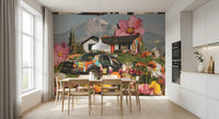 Papier peint panoramique mural représentant une prairie florale alpine surréaliste