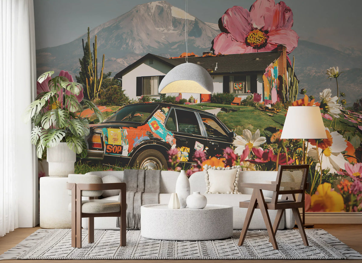 Papier peint panoramique mural représentant une prairie florale alpine surréaliste