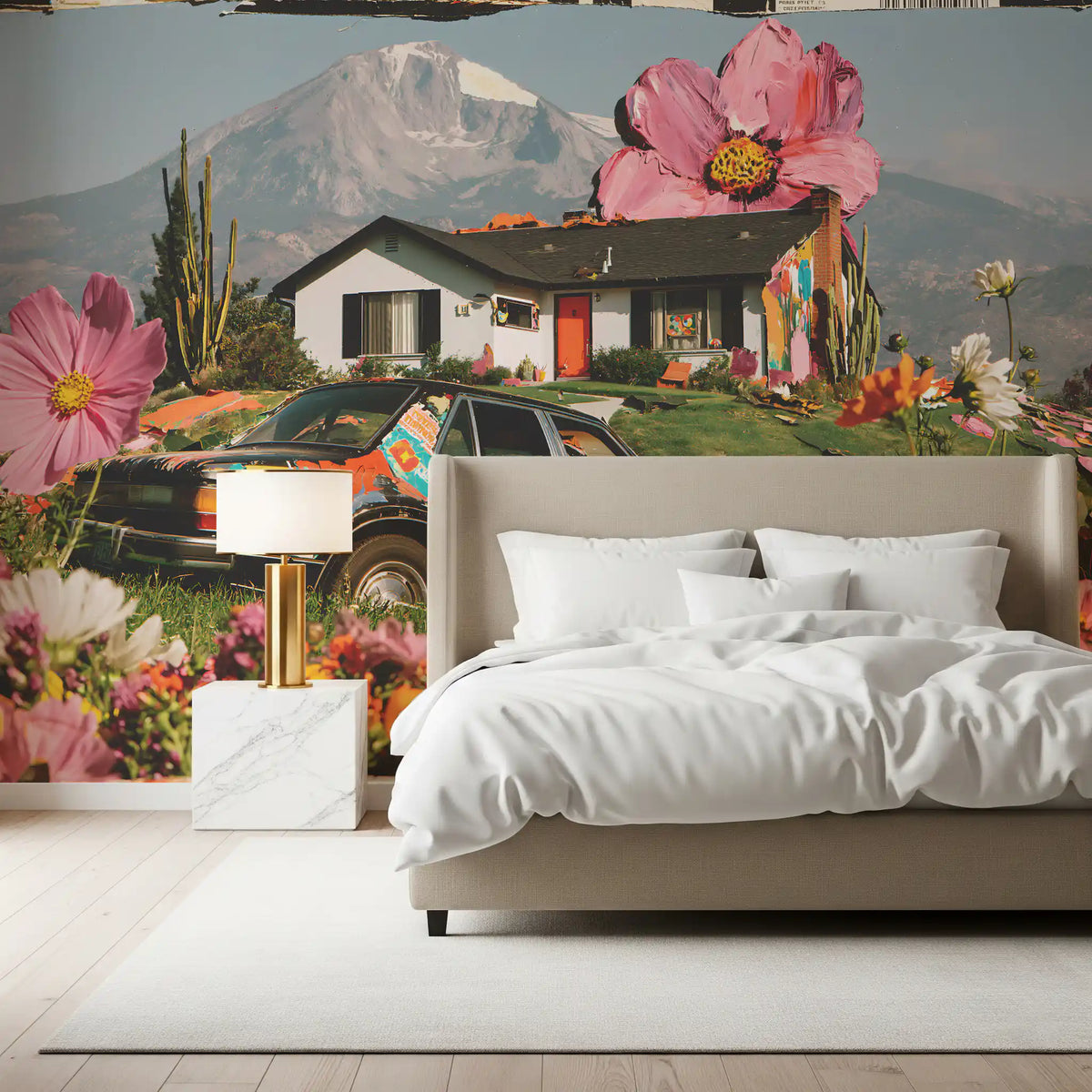 Papier peint panoramique mural représentant une prairie florale alpine surréaliste