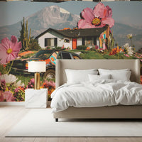 Papier peint panoramique mural représentant une prairie florale alpine surréaliste