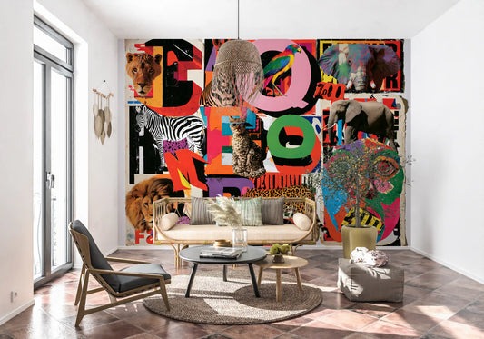 Papier peint panoramique Safari éclectique en collage