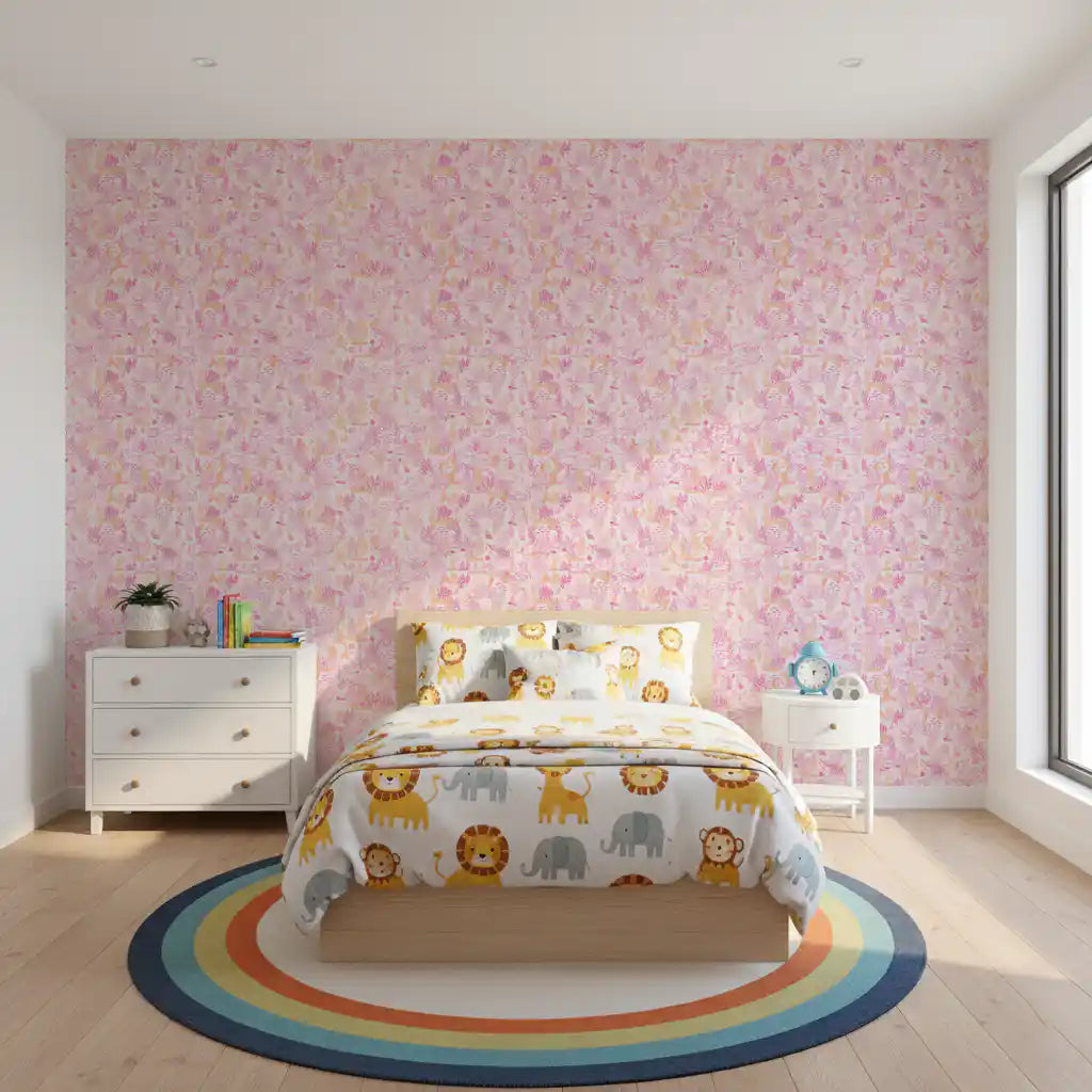 Pink mermaid wallpaper in a kids bedroom with a lion print duvet and rainbow rug GD13952
