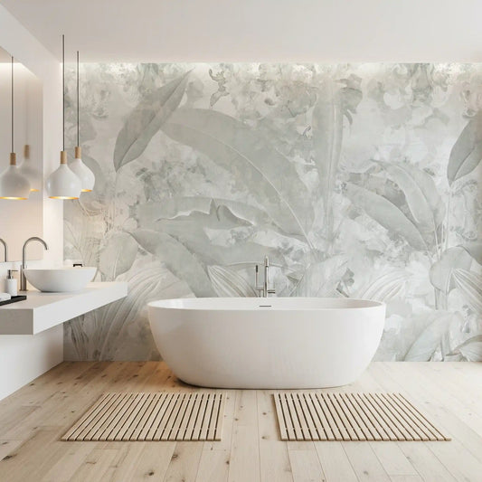 Soft Grey Tropical Botanical Wall Mural Wall Mural
