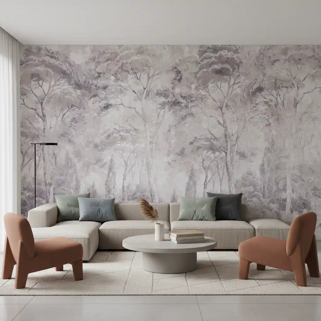 Misty Forest Landscape Dusty Lavender Wall Mural Wall Mural