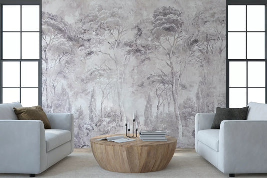 Misty Forest Landscape Dusty Lavender Wall Mural Wall Mural