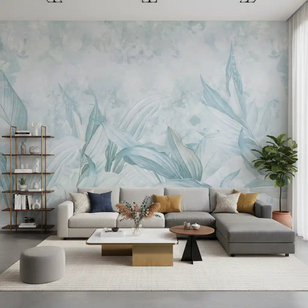 淡いライトブルーの植物柄壁画 壁画