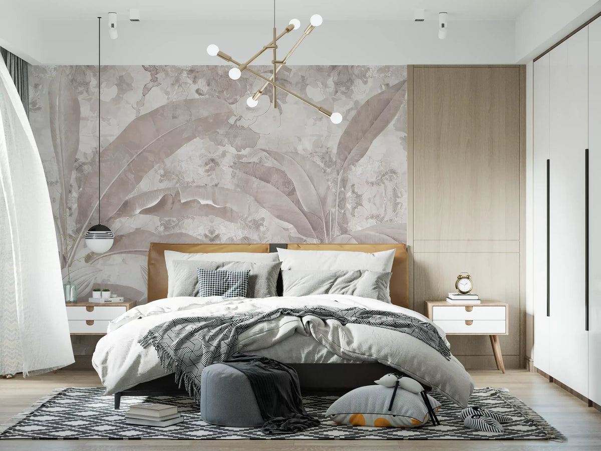 Wandbild mit tropischen botanischen Blättern in gedecktem Mauve