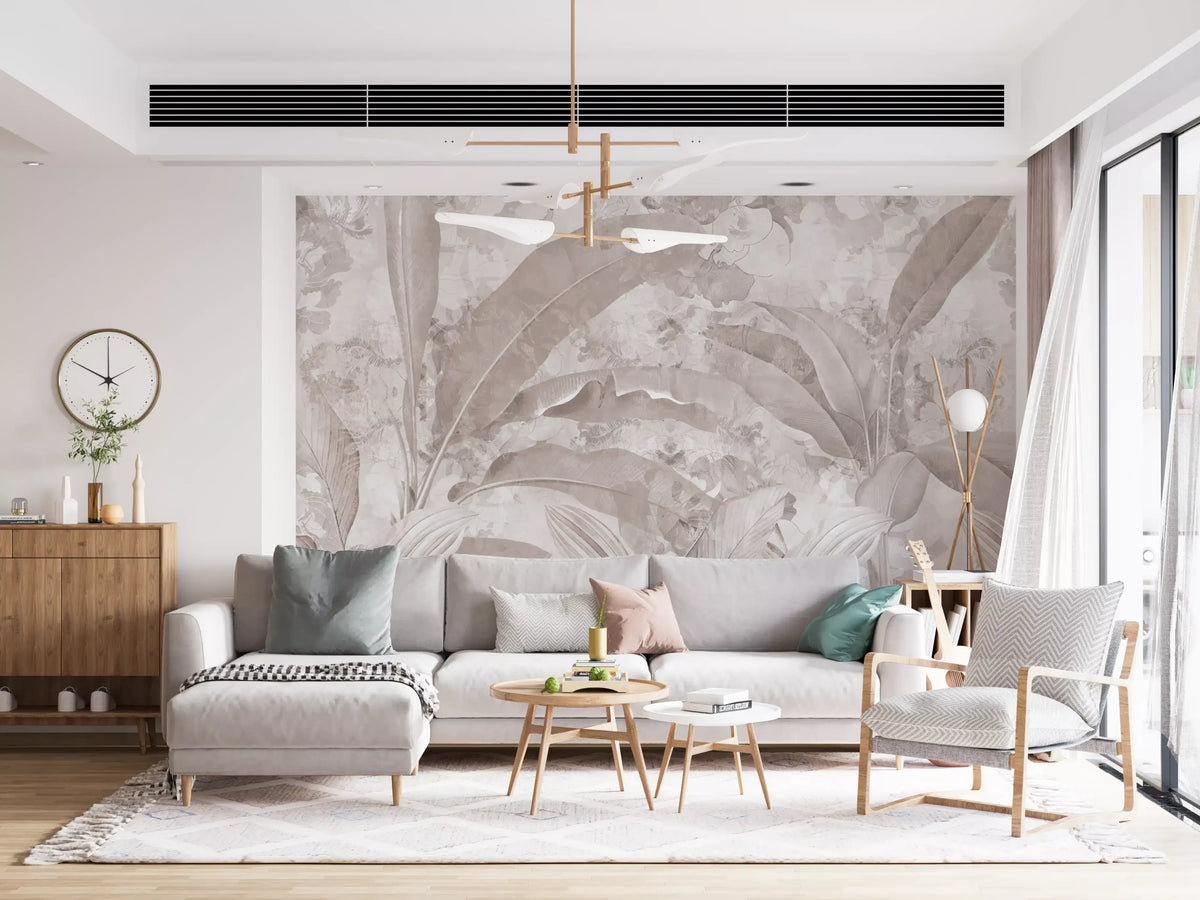Wandbild mit tropischen botanischen Blättern in gedecktem Mauve