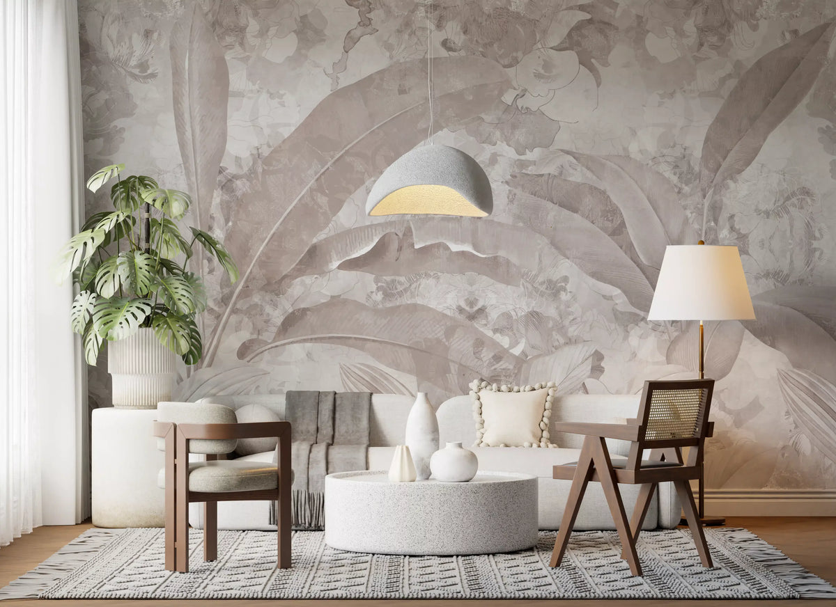 Wandbild mit tropischen botanischen Blättern in gedecktem Mauve