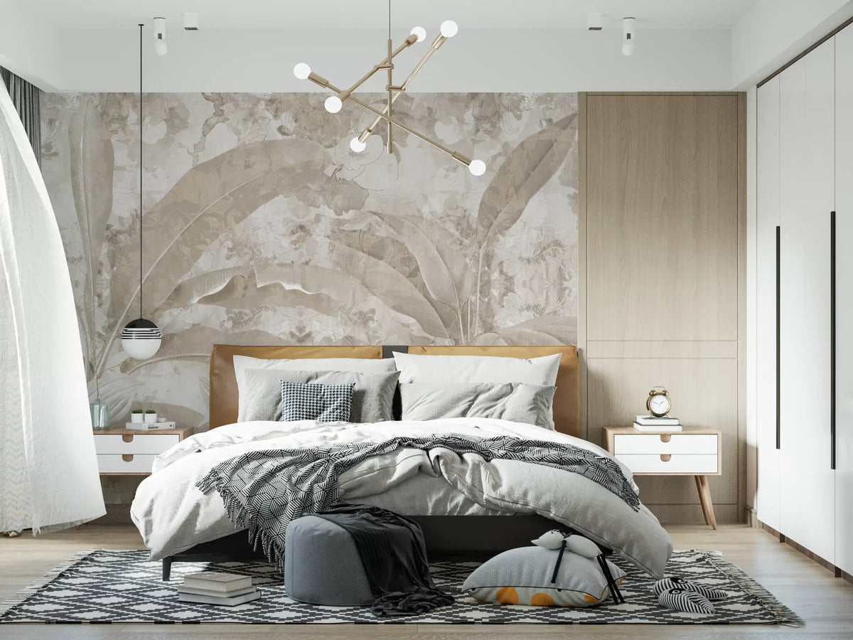 Vægmaleri med tropiske blade i neutral beige Vægmaleri
