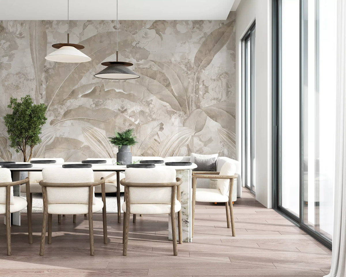 Vægmaleri med tropiske blade i neutral beige Vægmaleri