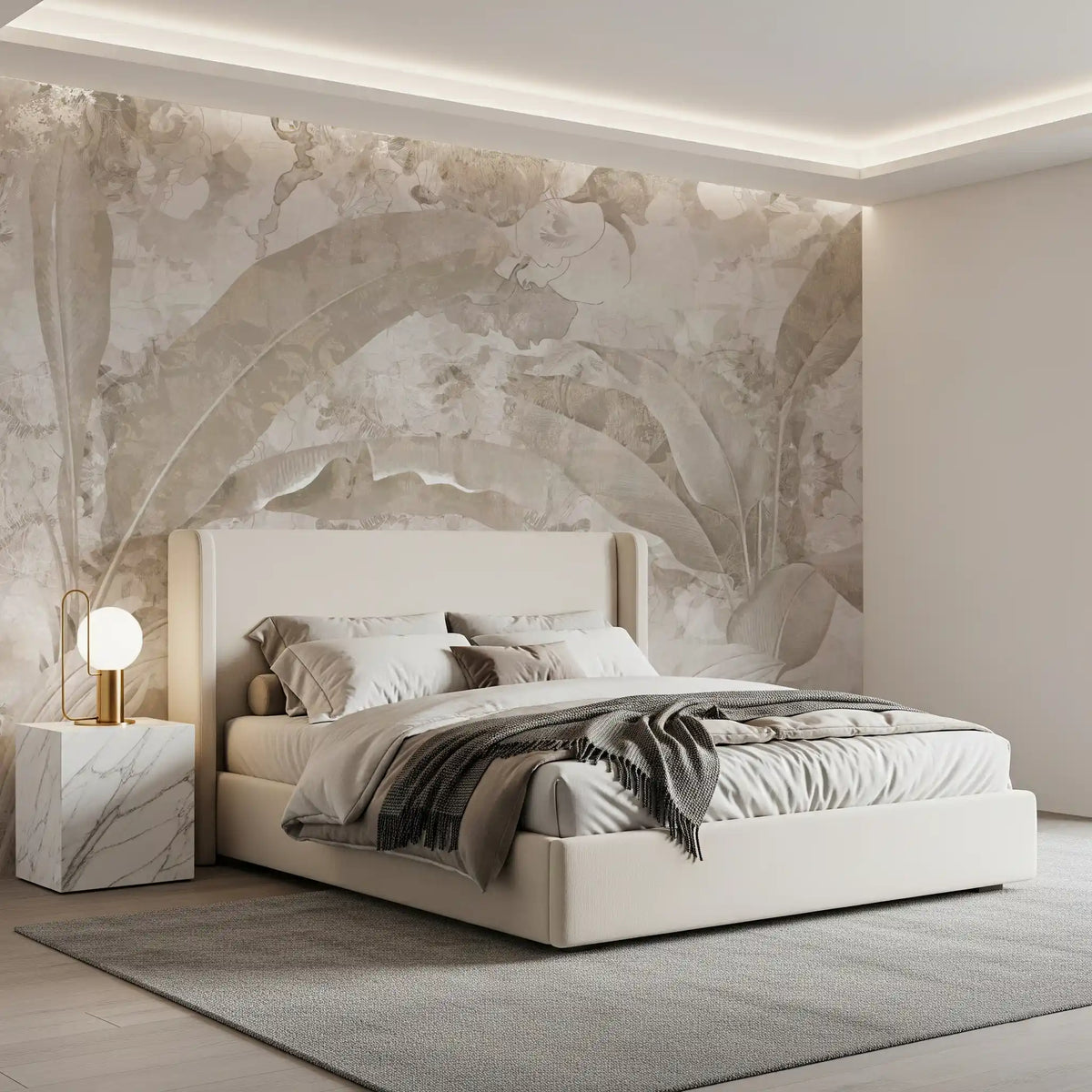 Vægmaleri med tropiske blade i neutral beige Vægmaleri
