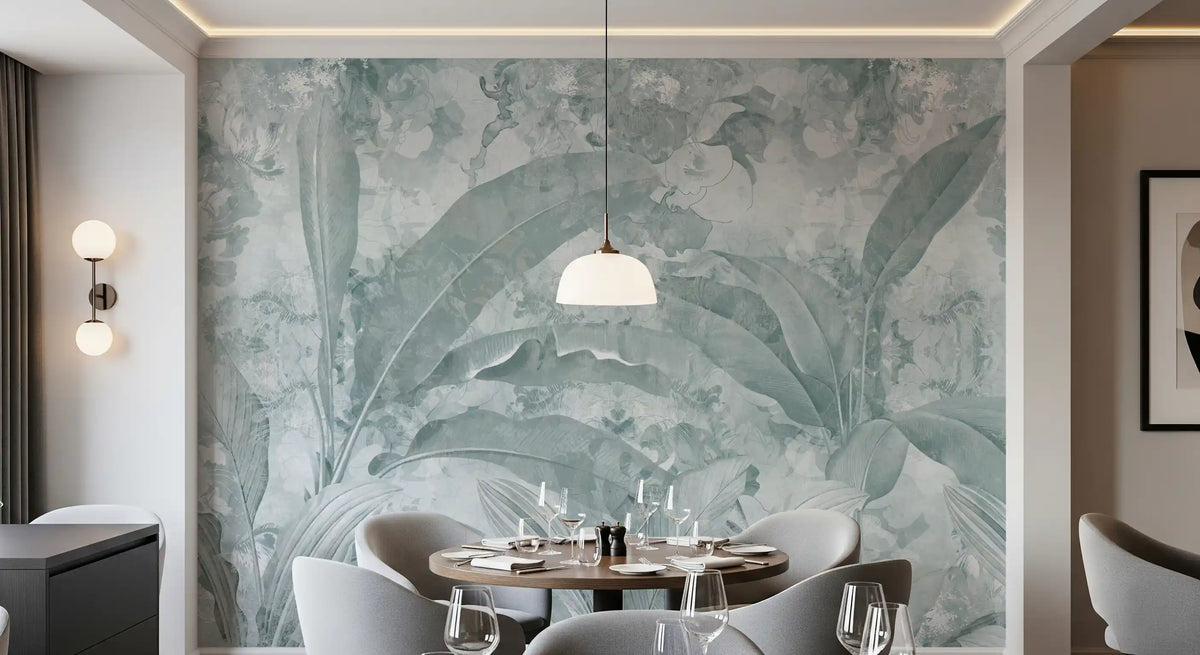 Ocean Aqua Tropical Leaves Wall Mural Wall Mural