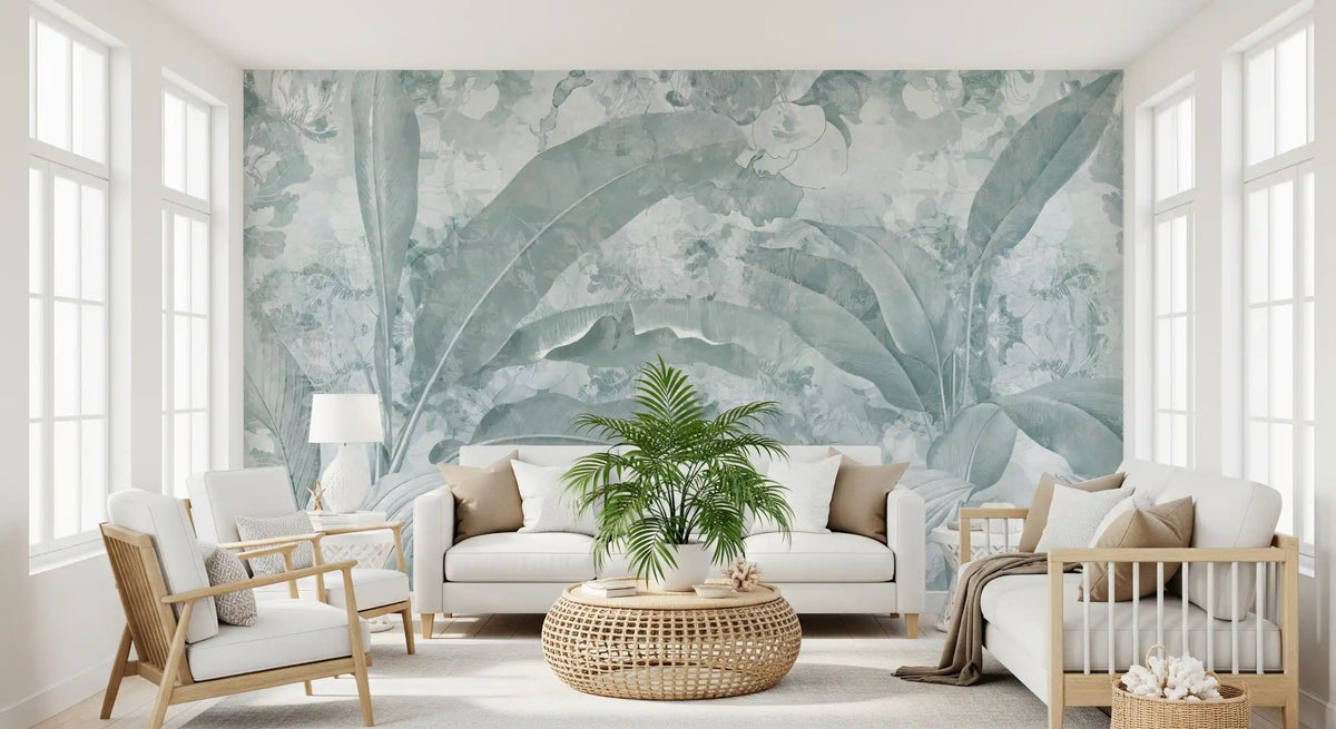 Ocean Aqua Tropical Leaves Wall Mural Wall Mural