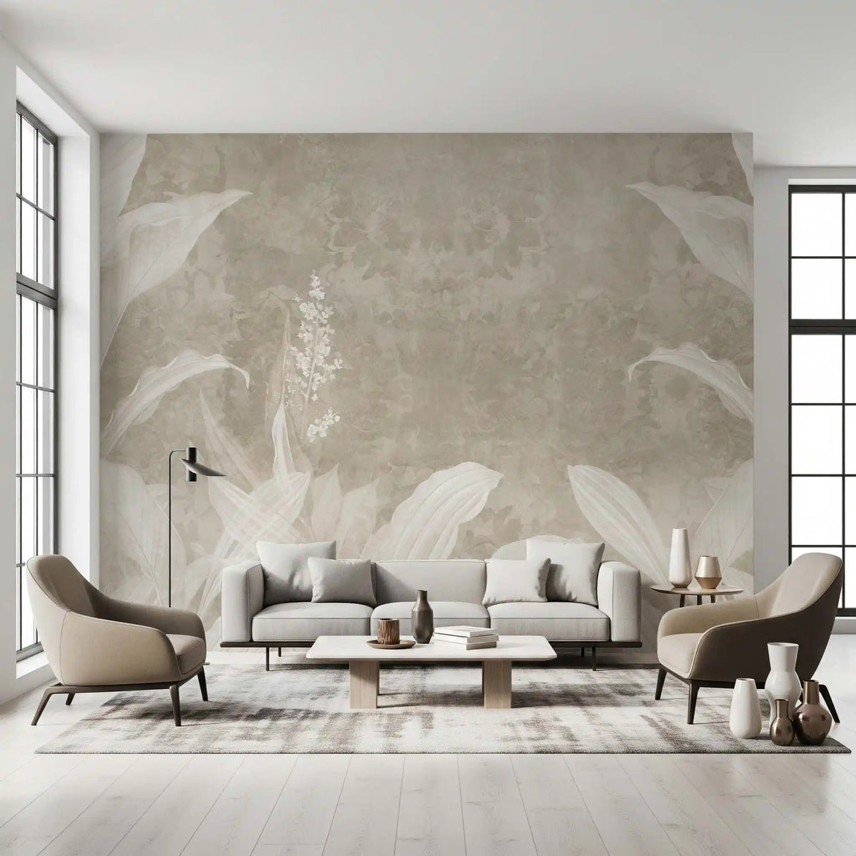 Misty Beige Botanical Leaves Wall Mural Wall Mural