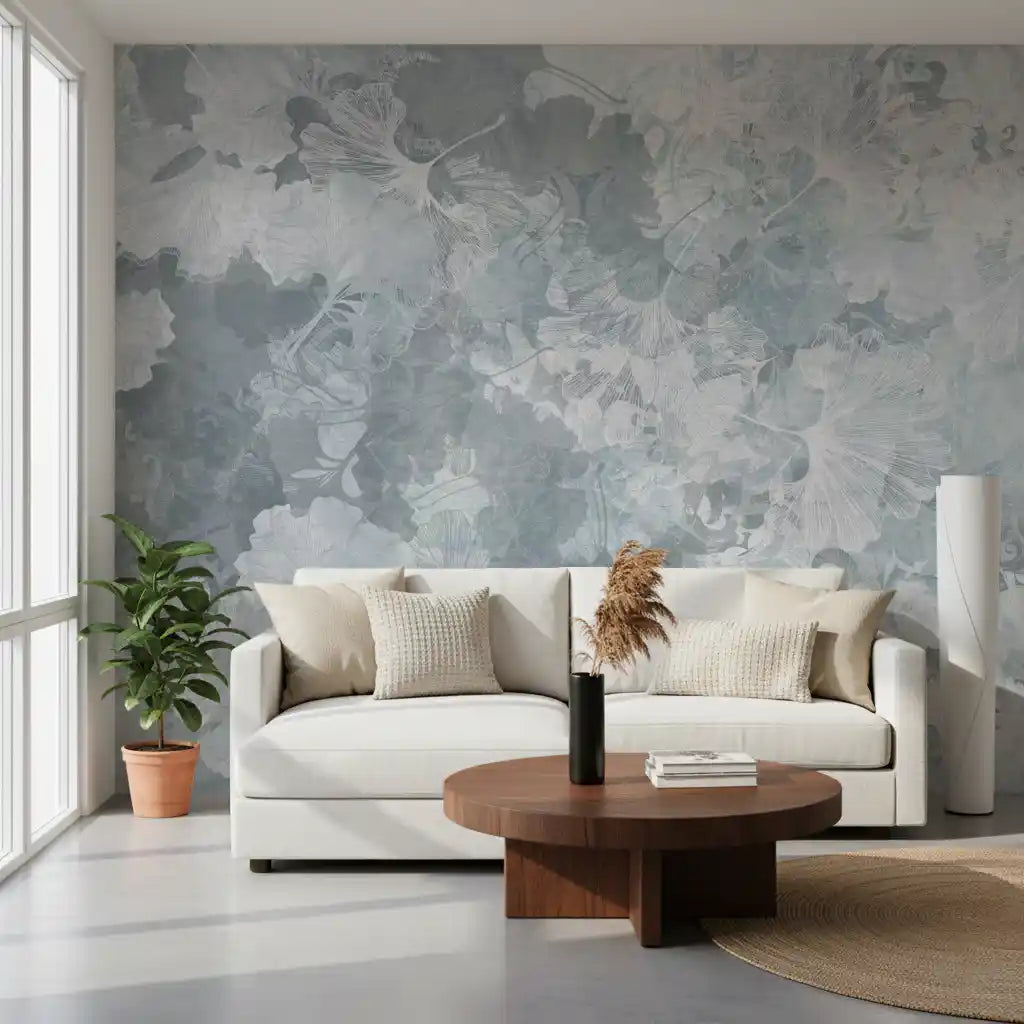 Papier peint panoramique Feuille de ginkgo vintage bleu acier Papier peint panoramique