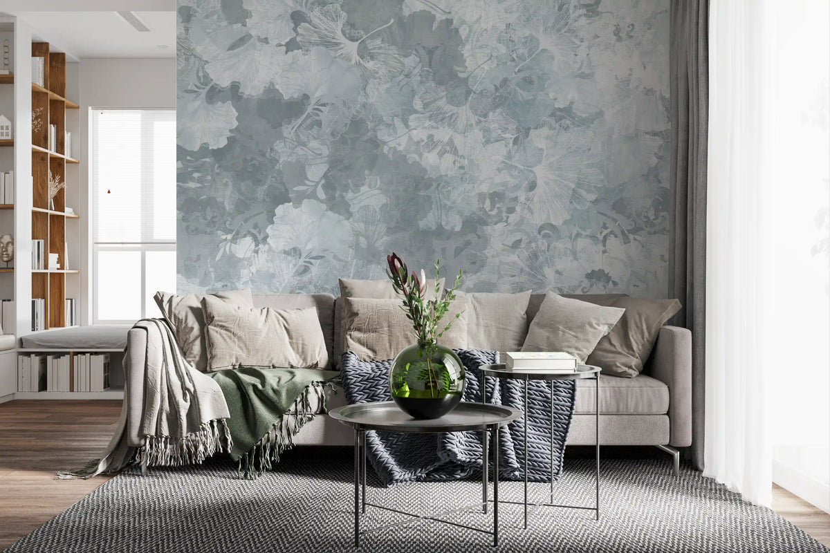 Papier peint panoramique Feuille de ginkgo vintage bleu acier Papier peint panoramique