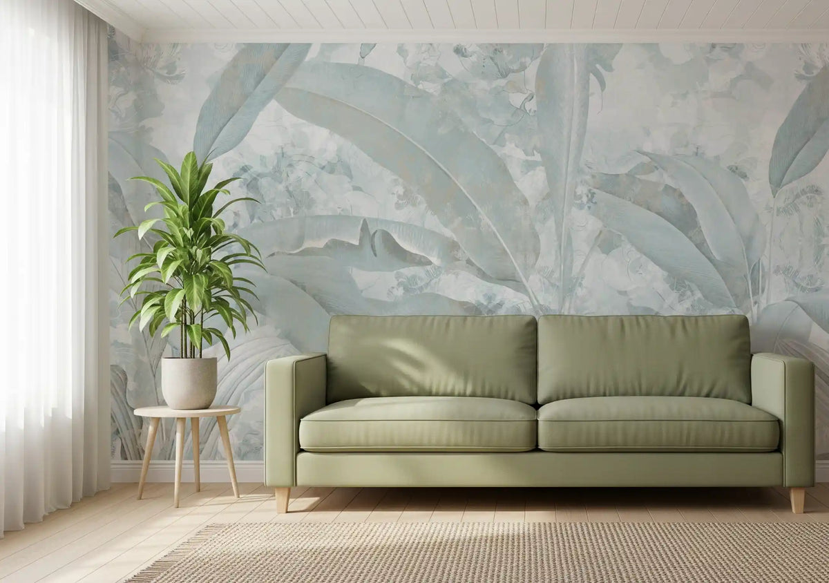 Wandbild mit botanischen Bananenblättern in Eisblau