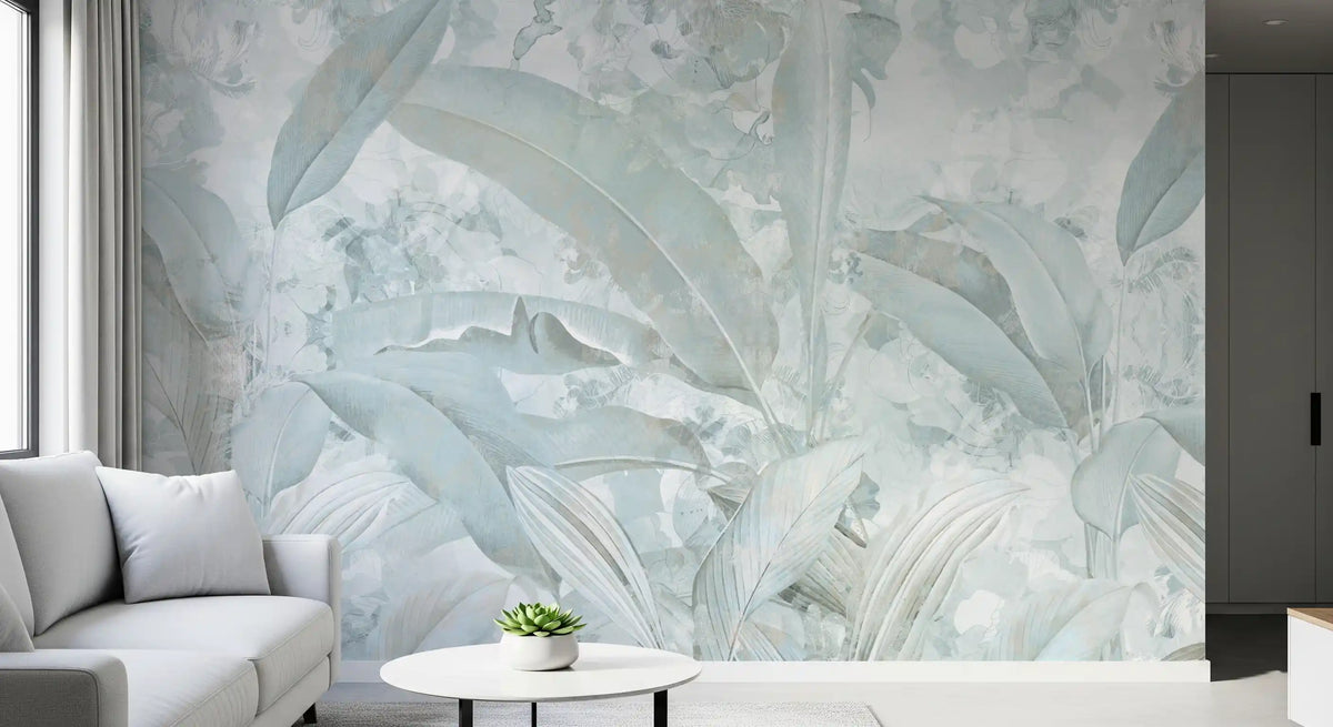 Wandbild mit botanischen Bananenblättern in Eisblau