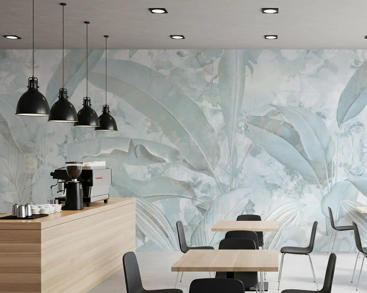 Wandbild mit botanischen Bananenblättern in Eisblau