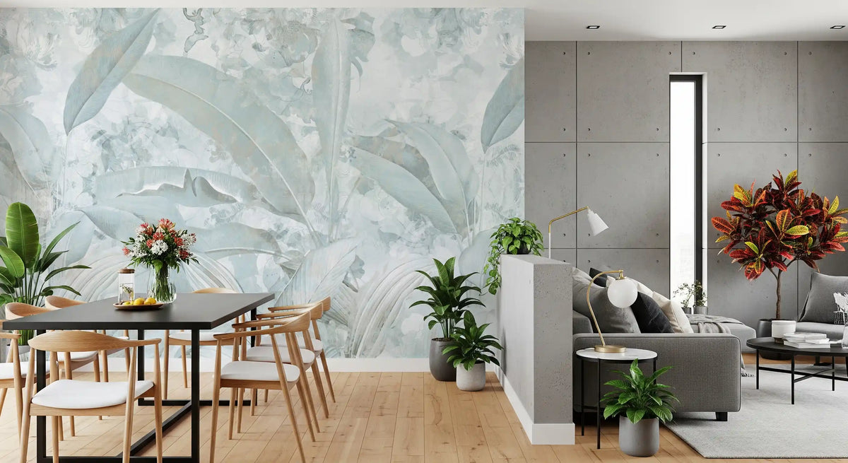 Wandbild mit botanischen Bananenblättern in Eisblau