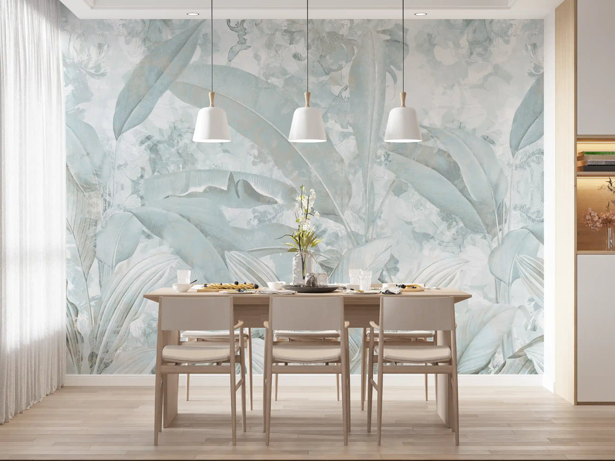 Wandbild mit botanischen Bananenblättern in Eisblau