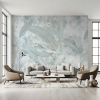 Wandbild mit botanischen Bananenblättern in Eisblau