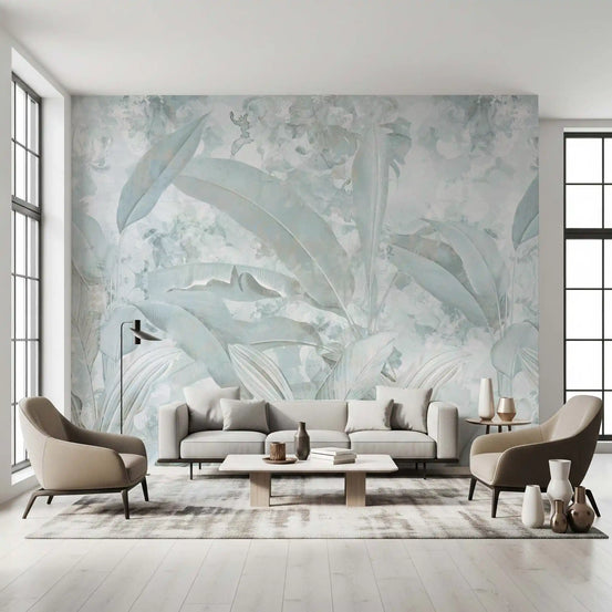 Wandbild mit botanischen Bananenblättern in Eisblau