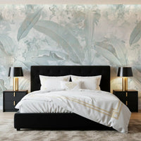 Wandbild mit botanischen Bananenblättern in Eisblau