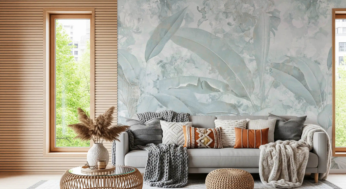 Wandbild mit botanischen Bananenblättern in Eisblau