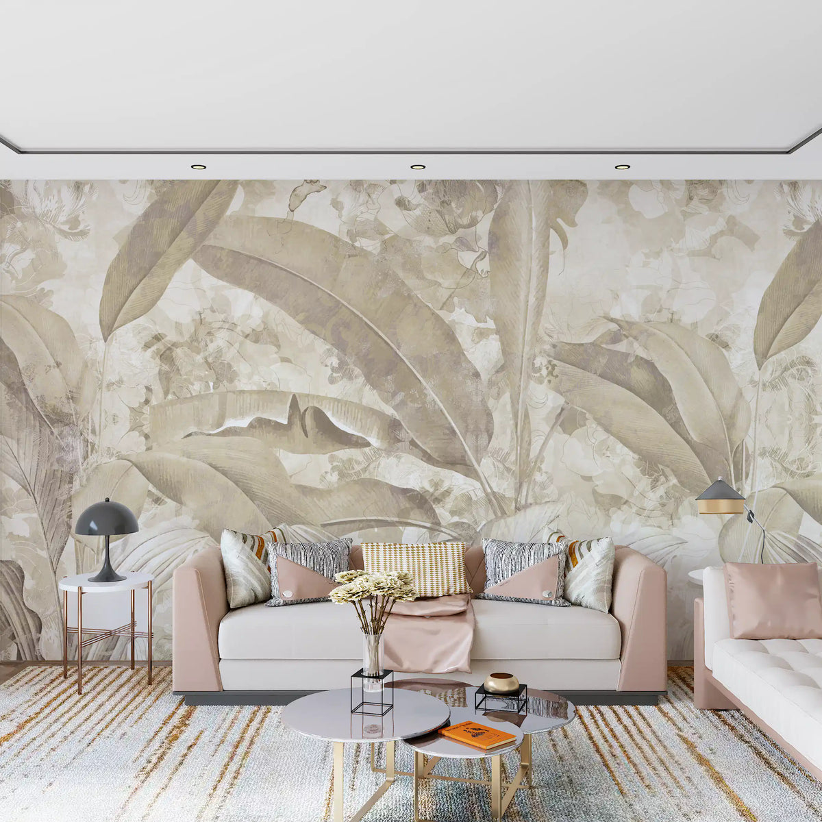 Papier peint panoramique botanique tropical à feuilles, beige sable chaud