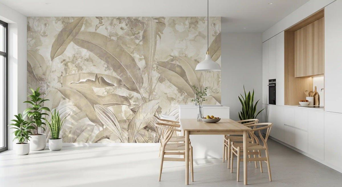 Papier peint panoramique botanique tropical à feuilles, beige sable chaud