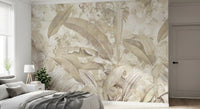 Papier peint panoramique botanique tropical à feuilles, beige sable chaud