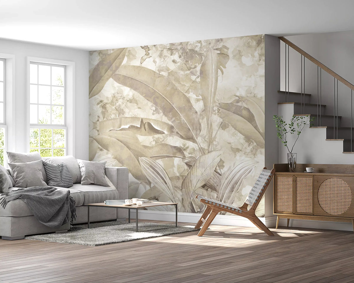 Papier peint panoramique botanique tropical à feuilles, beige sable chaud