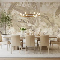 Papier peint panoramique botanique tropical à feuilles, beige sable chaud
