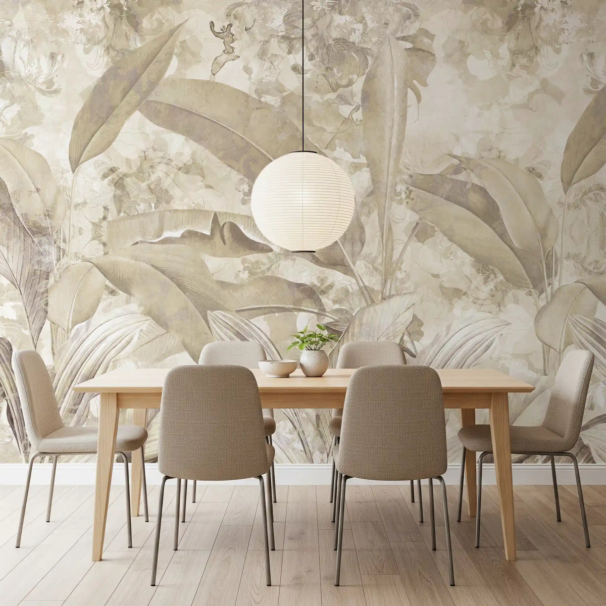 Papier peint panoramique botanique tropical à feuilles, beige sable chaud