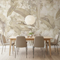 Papier peint panoramique botanique tropical à feuilles, beige sable chaud