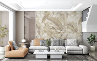 Papier peint panoramique botanique tropical à feuilles, beige sable chaud