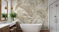 Papier peint panoramique botanique tropical à feuilles, beige sable chaud