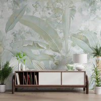 Papier peint panoramique à feuilles tropicales botaniques vert sauge et doré
