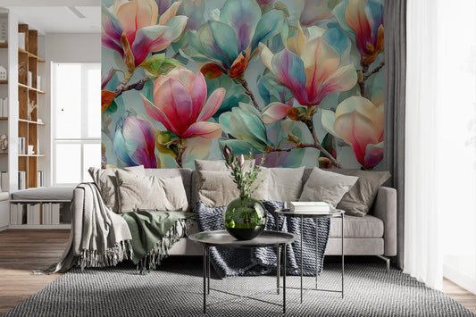 Murale botanico primaverile con magnolie